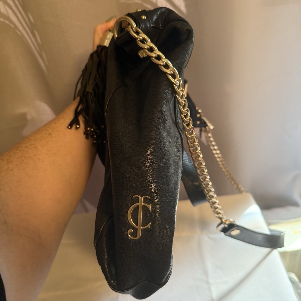 JUICY COUTURE BLACK LEATHER GOLD STUDDED LARGE ZIP TOP TASSEL TOTE BAG PURSE - Picture 16 of 16